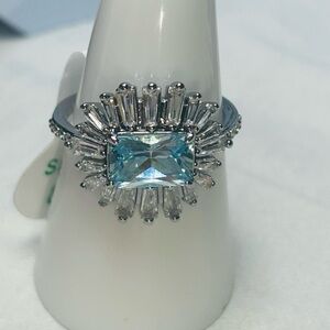 Bomb Party Aquamarine Cubic Zirconia Hematite Plated Ring Size 8 New